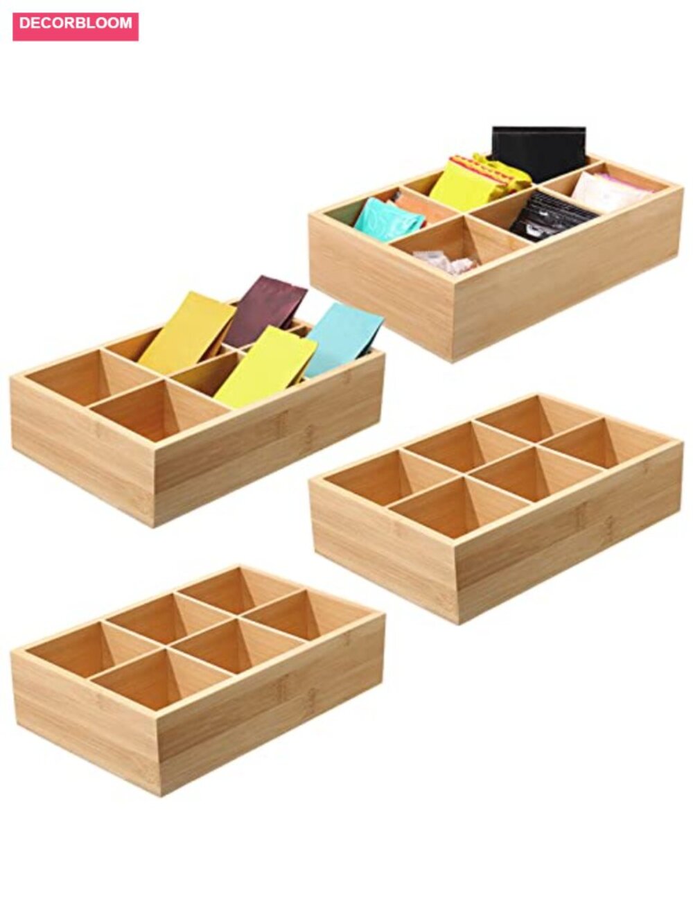 Bamboo Tea Organizer 6 Compartment Storage Box Set of 4 Kitchen Pantry Bin